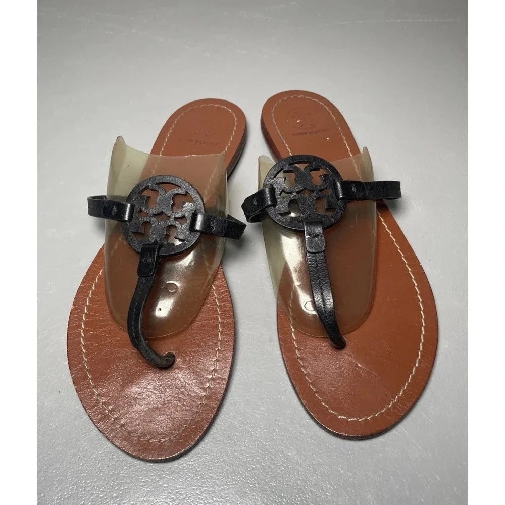 Tory‎ Burch Miller Black Leather Thong Sandals Women's Size 9